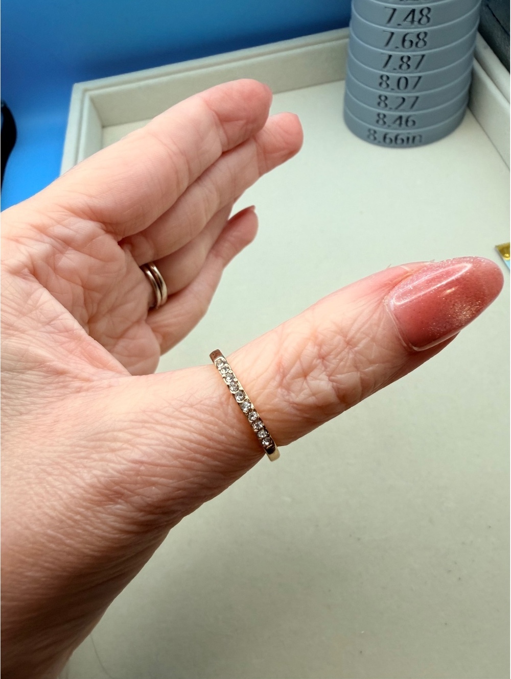 Thin embellished rhinestone stacker thin-band ring